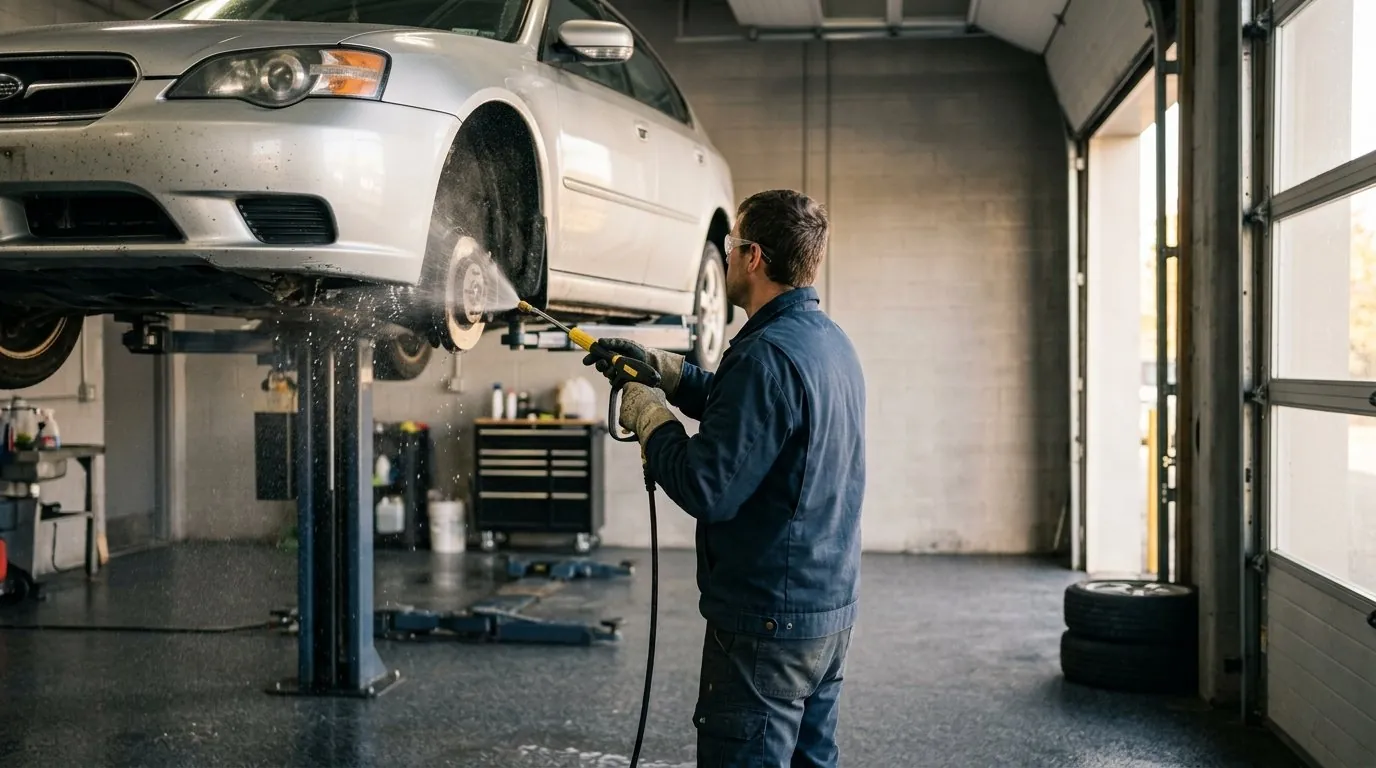 Technician performing vehicle reconditioning in Windsor by pressure-cleaning a car's undercarriage before winter salt season.